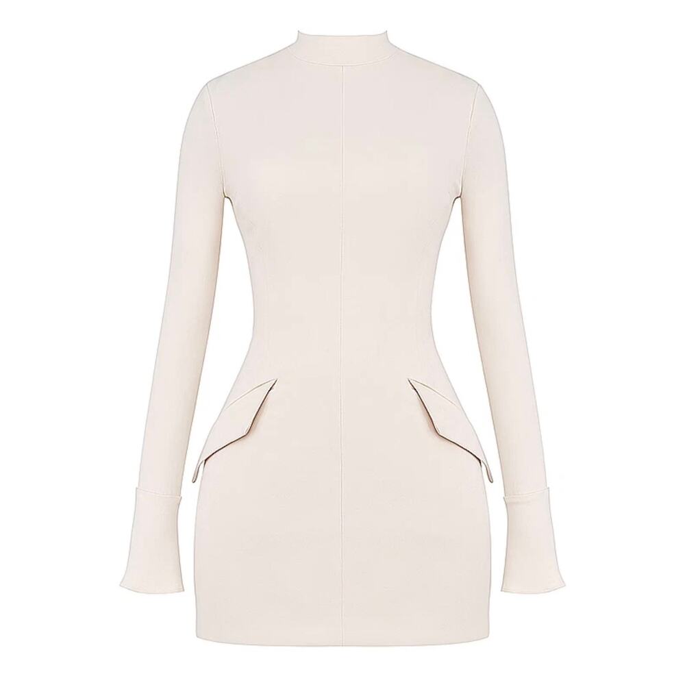 HOUSE OF CB Mahalia High Neck Long Sleeve Minidress Cream Size Medium Tall - Picture 9 of 16